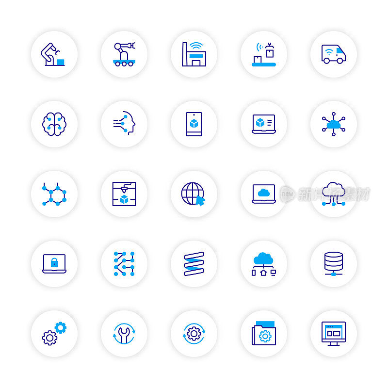 工业4.0相关线条图标。向量符号说明。