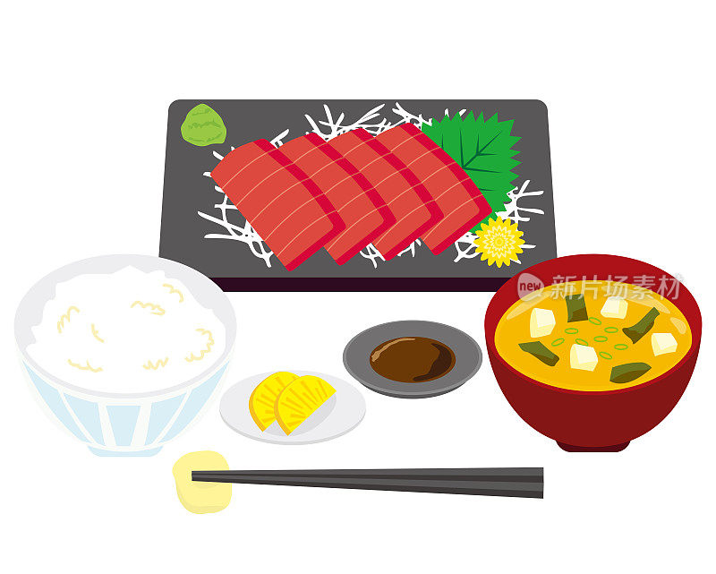 矢量图金枪鱼生鱼片和米饭和味噌汤。