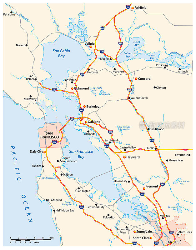 加州旧金山湾区的矢量路线图