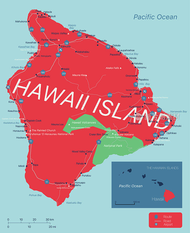 夏威夷岛详细的可编辑地图