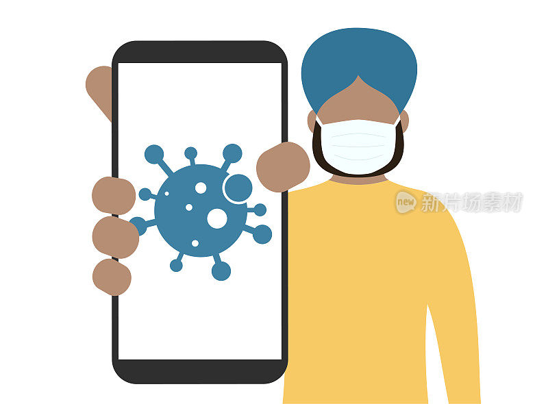 戴医用口罩的男子展示装有病毒应用程序的智能手机。卡通矢量股票插图