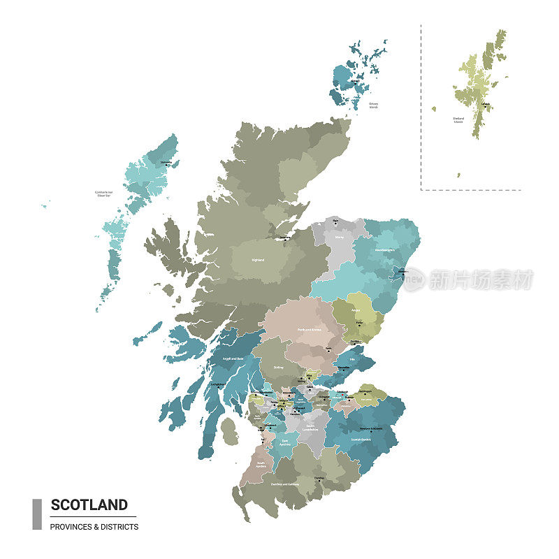 苏格兰有详细的地图和细分。苏格兰行政地图，有地区和城市名称，按州和行政区域着色。矢量插图。