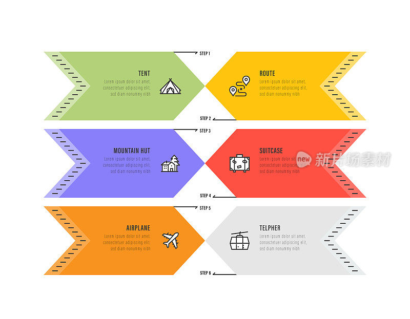 信息图表设计模板。帐篷，山小屋，飞机，路线，手提箱，6个选项或步骤的图标。