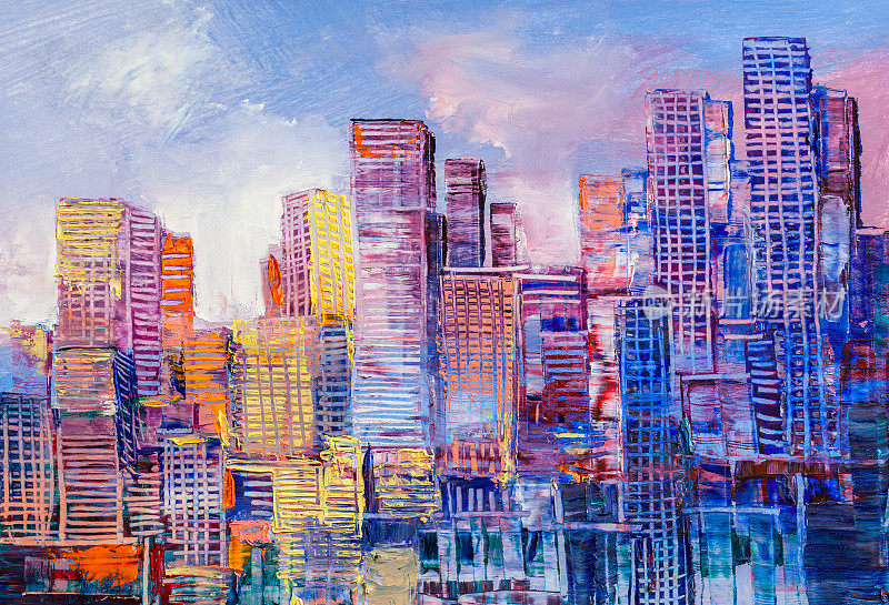 城市摩天大楼的抽象画。