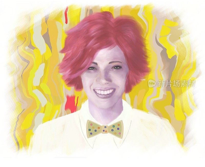 一个微笑的女人在一个彩色的抽象背景如画的插图