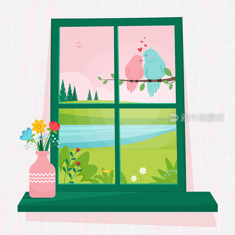 春天的窗户上有一对鸟在树枝上，窗台上有花瓶的花。可爱舒适的矢量插图在平坦的风格