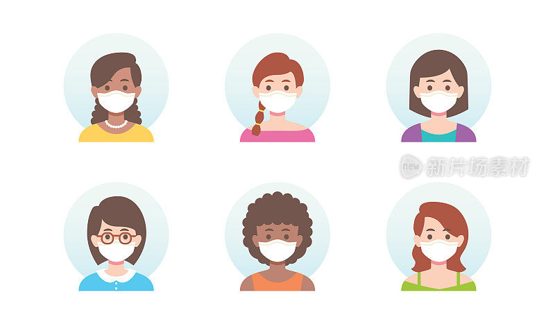 新冠肺炎疫情防控人物角色化身戴着白色医用口罩新常态全球疫情平媒插画