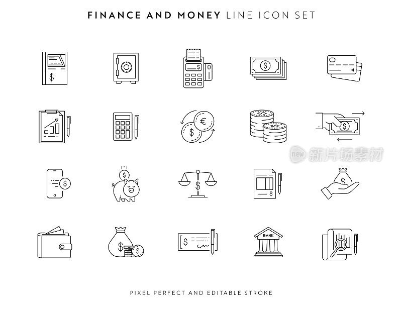 财务和金钱图标设置与可编辑的笔触和像素完美。