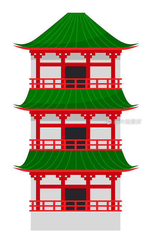 日本房子矢量插图。日本传统建筑上将建筑物隔离在白色之上