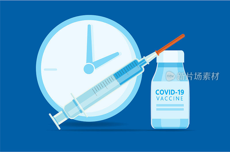 Covid-19流感病毒疫苗注射器和图标与时钟预约时间