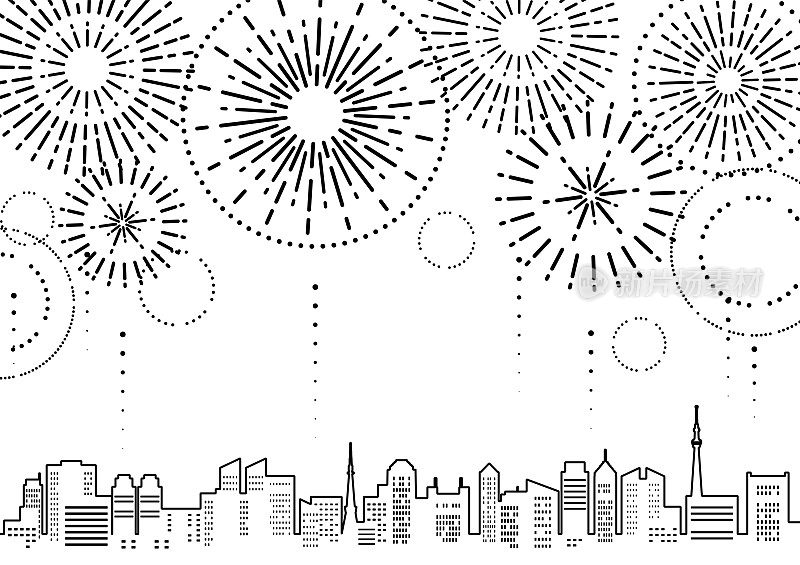 烟花城市景观插图(单色线条艺术)