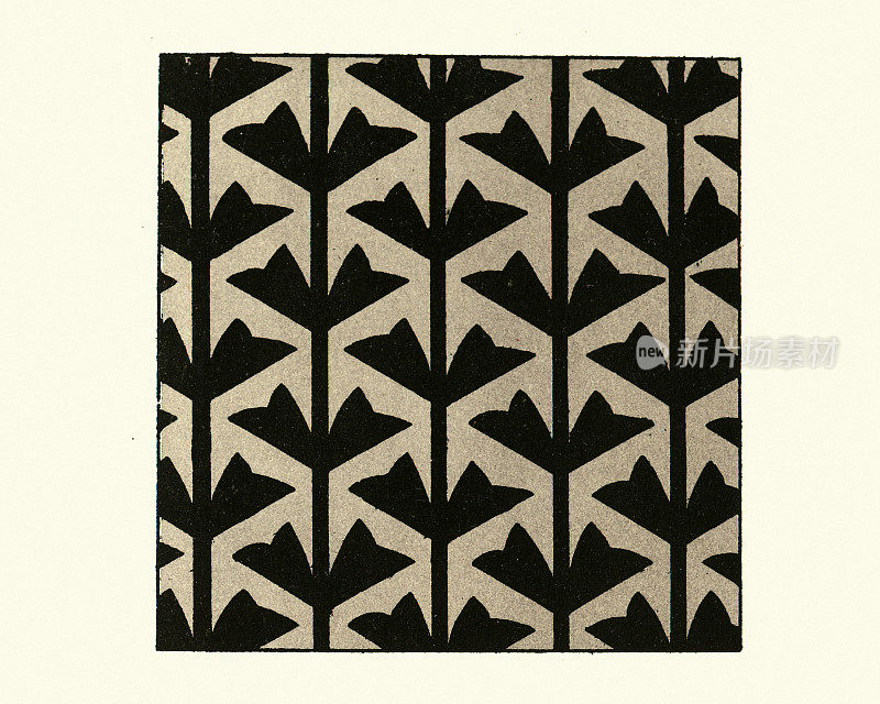 黑色重复叶图案，维多利亚花卉设计图案，设计元素，19世纪