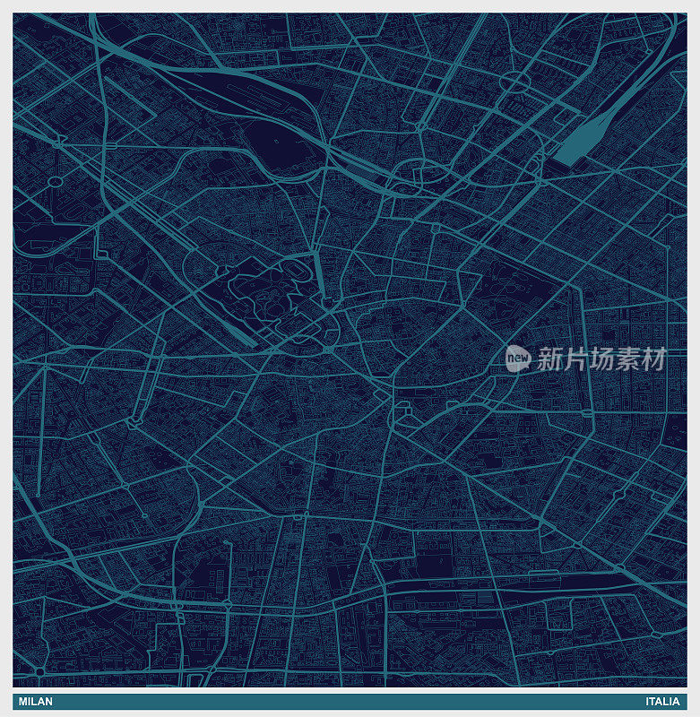 彩色艺术插画风格地图,意大利米兰市