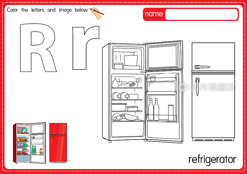 矢量插图的儿童字母着色书页与概述剪贴画，以颜色。字母R代表冰箱。