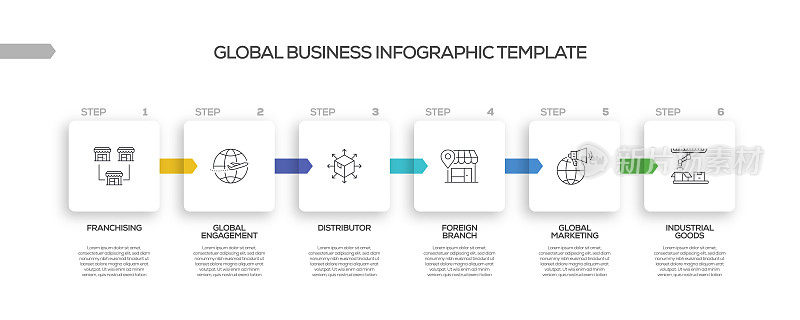 全球业务相关流程信息图表模板。过程时间图。带有线性图标的工作流布局