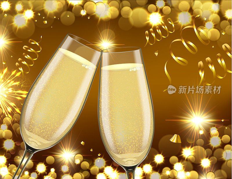 新年金色背景与五彩纸屑和香槟