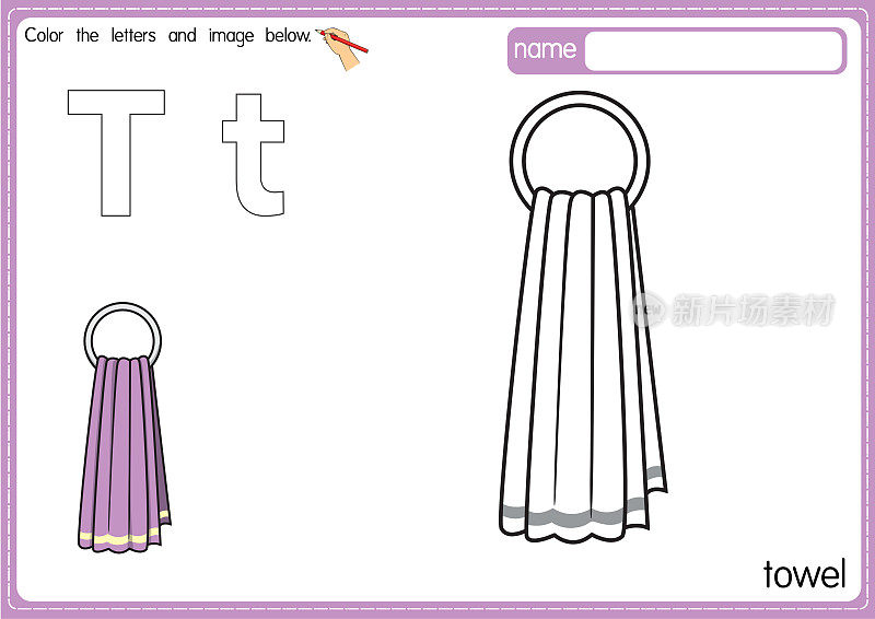 矢量插图的儿童字母着色书页与概述剪贴画，以颜色。字母T代表毛巾。