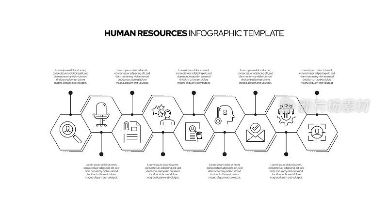 人力资源概念矢量线信息图形设计图标。9选项或步骤的介绍，横幅，工作流程布局，流程图等。