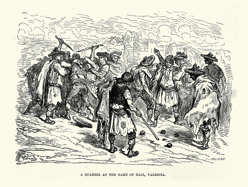 西班牙巴伦西亚的一场舞会上的争吵，用刀决斗，西班牙，19世纪