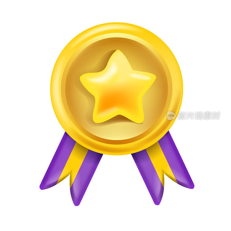 3D金牌图标，矢量奖奖励徽章，UI游戏赢家徽章，紫色丝带，星星上的白色。