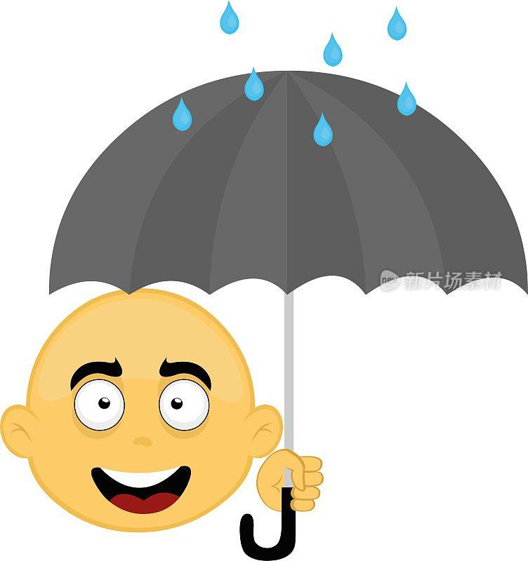 一个卡通人物的脸的矢量插图，黄色和秃顶。手里拿着伞，雨滴落下