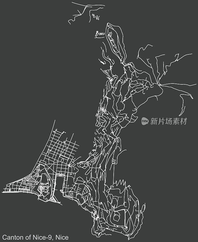 法国尼斯的尼斯-9区广州的黑暗负街道道路地图