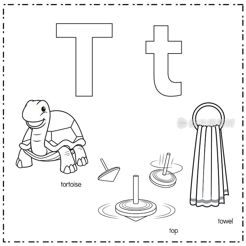 向量插图学习字母T的小写和大写的儿童与3卡通图像。乌龟上毛巾。