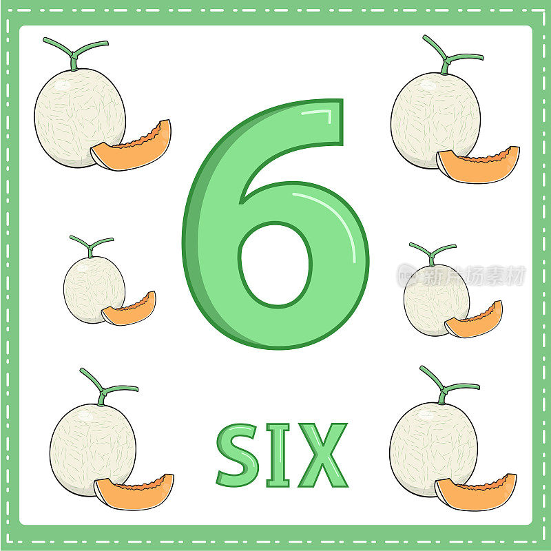 幼儿数字教育插图。为孩子们学会了用6个哈密瓜来数数字，如图所示在水果类中