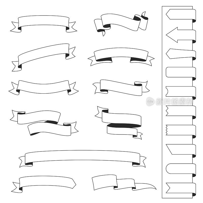 一套丝带，横幅(轮廓，线条艺术)-设计元素在白色的背景