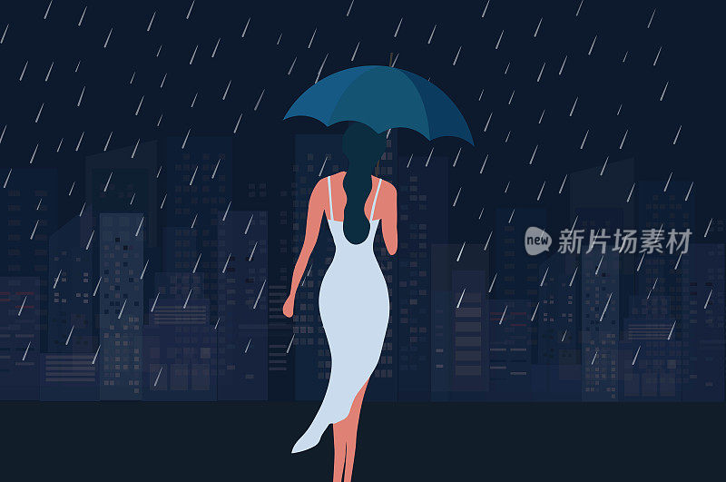 女人在雨中打着伞的黑夜。雨，秋，寂寞，抑郁的概念背景