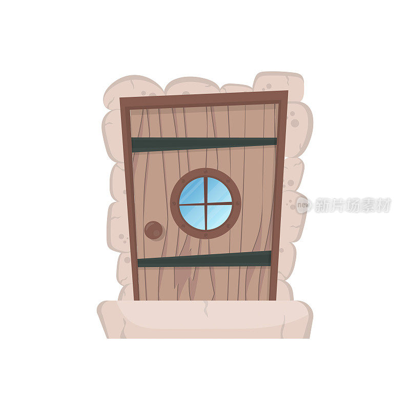 古色古香的长方形木门，带圆窗。石头包层。卡通风格。孤立。向量。