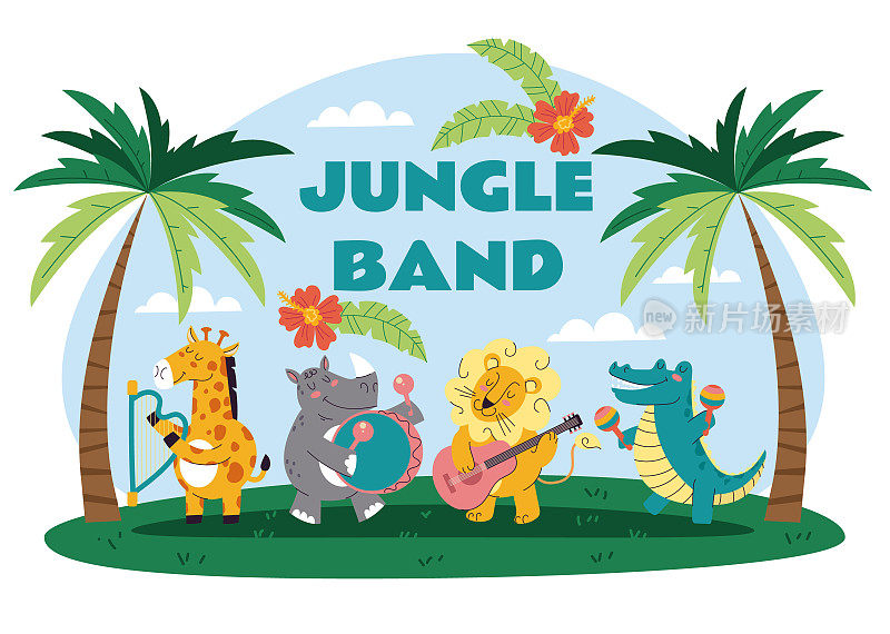 音乐动物丛林非洲动物园乐队设计元素矢量卡通插图