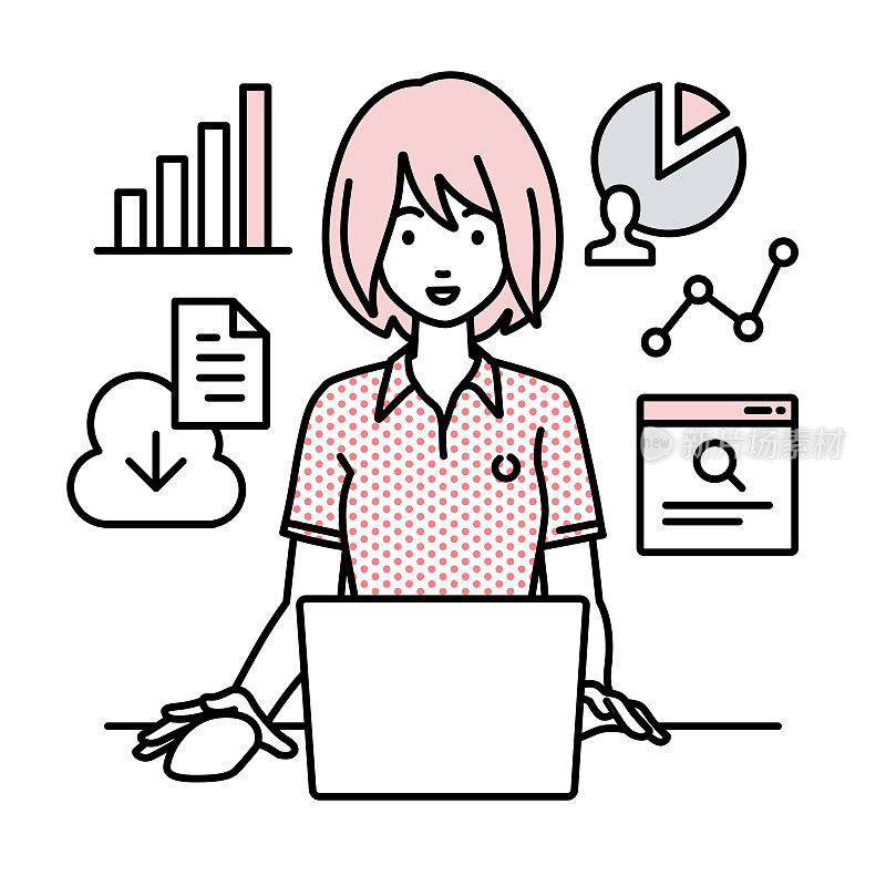 一位穿着polo衫的女士坐在她的办公桌前，用笔记本电脑浏览网站、研究、在云端共享文件、分析和制作报告
