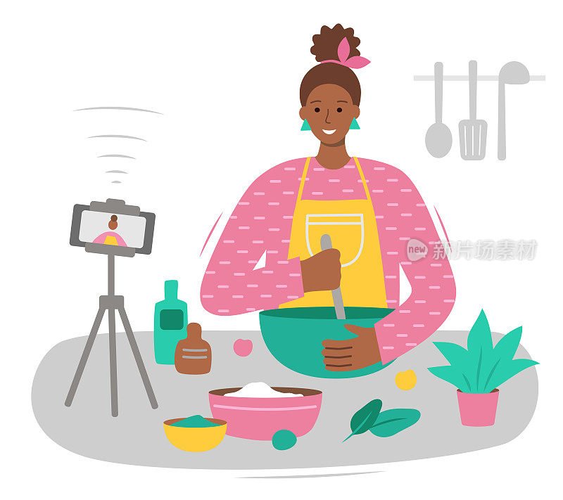 美食博主创造内容。一位美国妇女一边做饭一边录像。在线烹饪课程。烹饪视频博客或频道。现代矢量插图在平风格。孤立在一个白色。