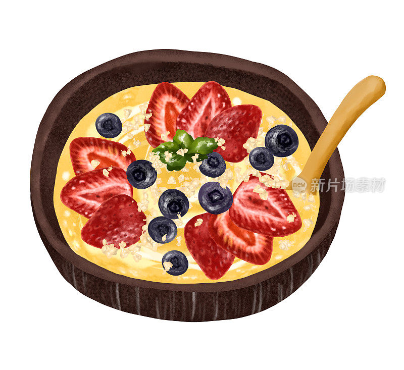 木勺和冰沙碗芒果，浆果，椰子，草莓，蓝莓