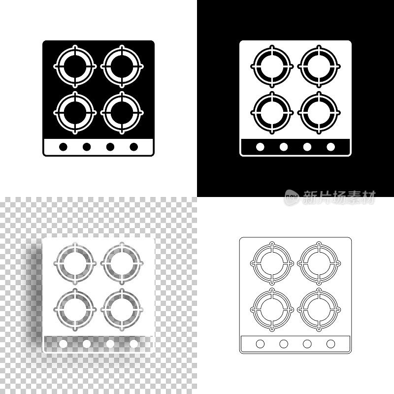 煤气灶顶部视图。图标设计。空白，白色和黑色背景-线图标