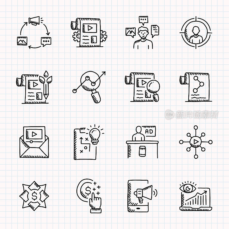 内容营销手绘图标集，涂鸦风格矢量插图