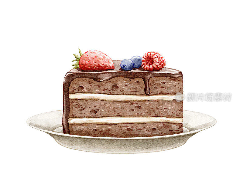 水彩手绘香甜可口的一块巧克力生日蛋糕与浆果