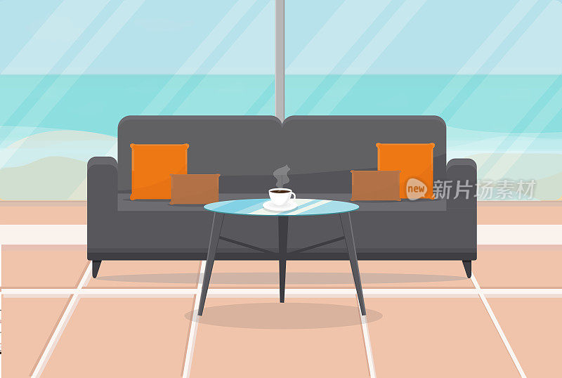 一间俯瞰大海的房间里有一张沙发和一张桌子，桌子上放着一杯咖啡