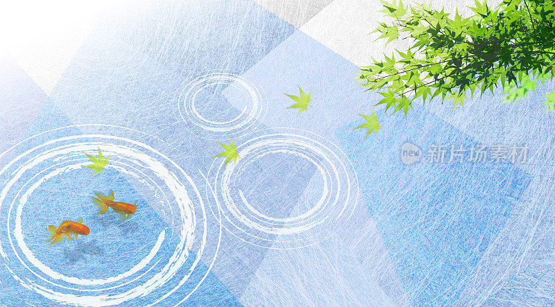 金鱼，鲜绿色和水面(背景是蓝色的日本纸)