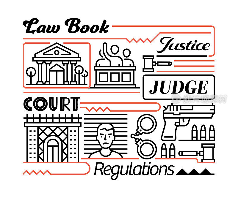 法律与正义的客体与要素。线条图标插图集合。图标设置或标题模板。