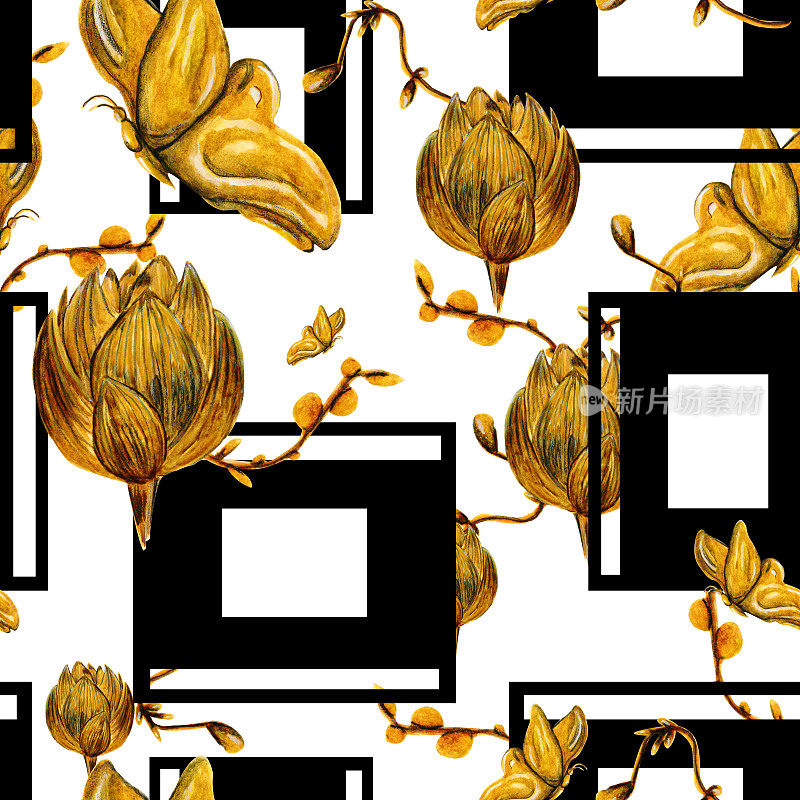水彩图案金色牡丹花和蝴蝶，几何黑白底为您无缝设计