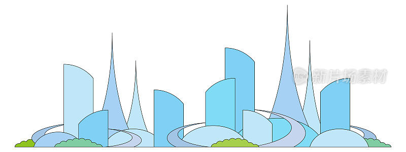 平面插图，未来城市。有一条线。