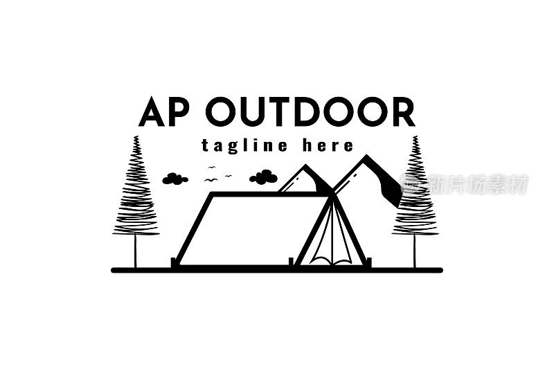露营帐篷和山的黑色线条艺术插图
