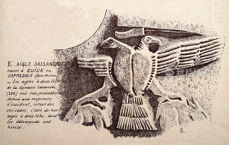 来自萨珊帝国的双头鹰的复古插图，装饰艺术
