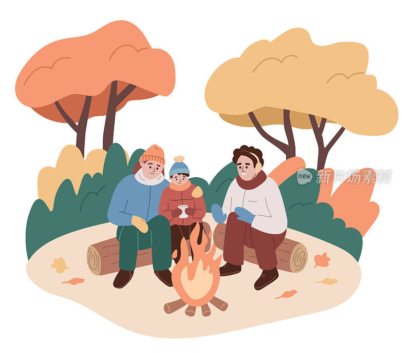 一家人坐在大自然的火边。父亲，母亲，孩子在秋天的户外度过时光。秋天的活动。寒冷天气里的温暖。平面卡通矢量插图。