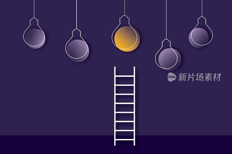 楼梯上的想法灯泡在深紫色的背景。概念代表聪明的想法和洞察力。
