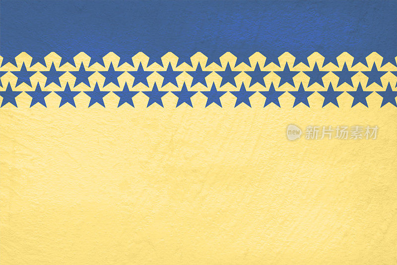 横向创造性抽象设计矢量背景，乌克兰国旗的颜色为深蓝色和黄色，就像在乌克兰国旗一样，作为涂鸦画在粗糙的有两排星星图案或设计的纹理墙上