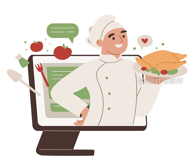 速递服务。从餐厅点餐。在线服务。酋长在电脑屏幕上拿着一只烤鸡。