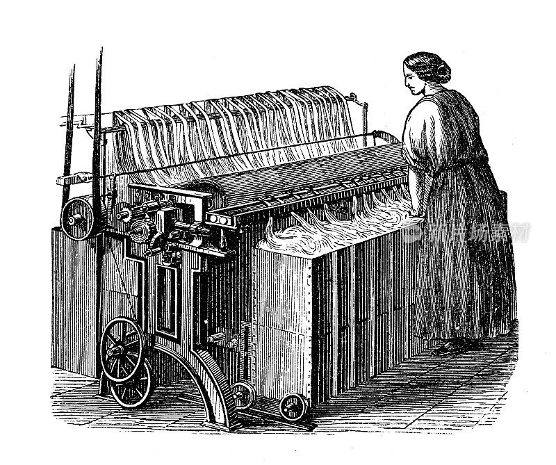 古董插画、应用机械、纺织工业:纺纱机械